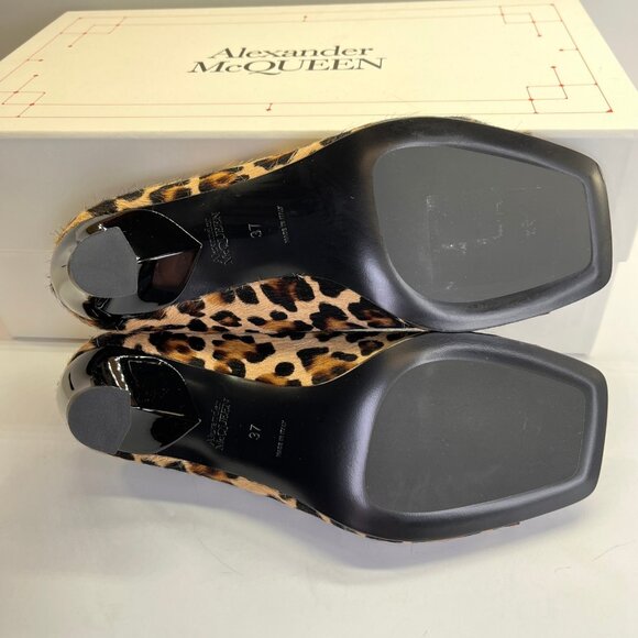 Alexander McQueen Leopard Calf Hair Mules Size 37 Open Square Toe Slip-On - Picture 11 of 16